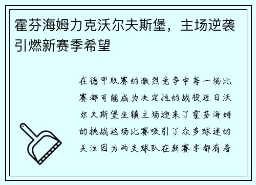 霍芬海姆力克沃尔夫斯堡，主场逆袭引燃新赛季希望