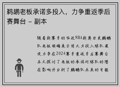 鹈鹕老板承诺多投入，力争重返季后赛舞台 - 副本