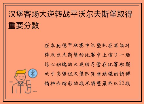 汉堡客场大逆转战平沃尔夫斯堡取得重要分数