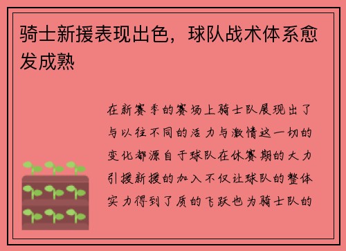 骑士新援表现出色，球队战术体系愈发成熟