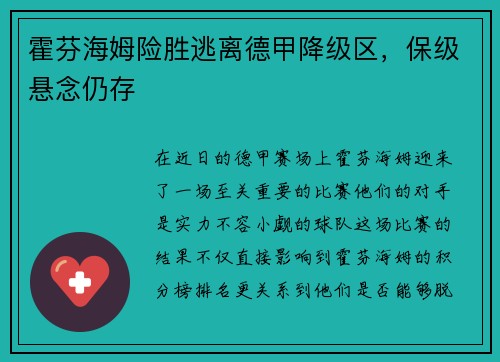 霍芬海姆险胜逃离德甲降级区，保级悬念仍存