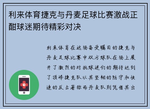 利来体育捷克与丹麦足球比赛激战正酣球迷期待精彩对决