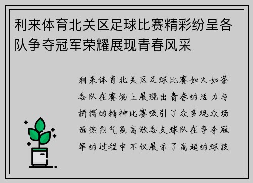 利来体育北关区足球比赛精彩纷呈各队争夺冠军荣耀展现青春风采
